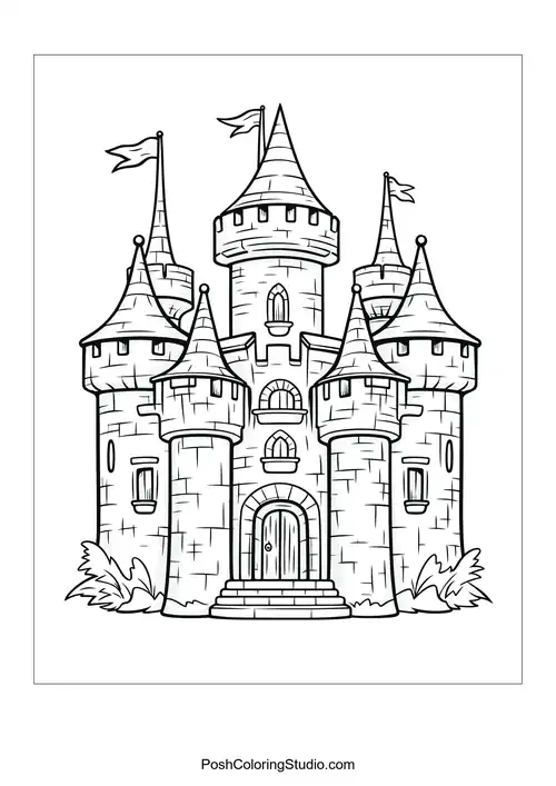 A castle with a stone pathway and lush bushes.