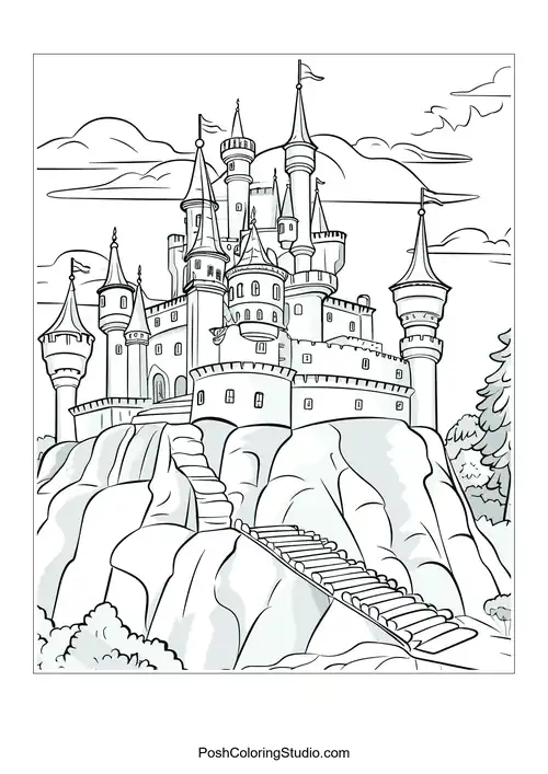 A castle perched on a hill with a winding staircase.