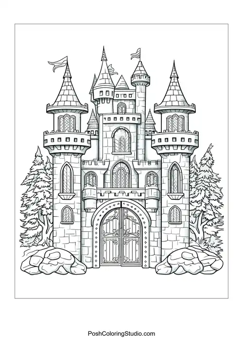 A castle with tall towers and decorative elements.