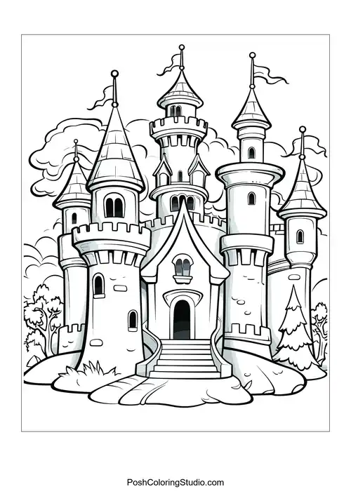 A castle with a grand entrance and surrounding trees.