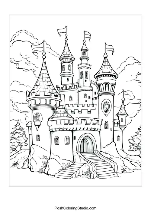 A castle with multiple towers and a stone pathway.