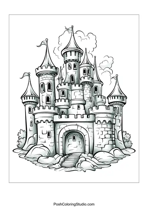 A castle with a large entrance and decorative towers.