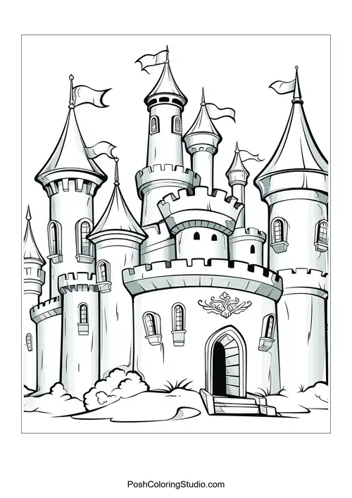 A castle with a winding staircase and lush greenery.