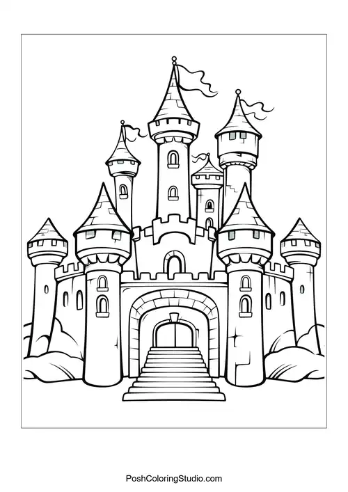 A castle with a large entrance and surrounding rocks.