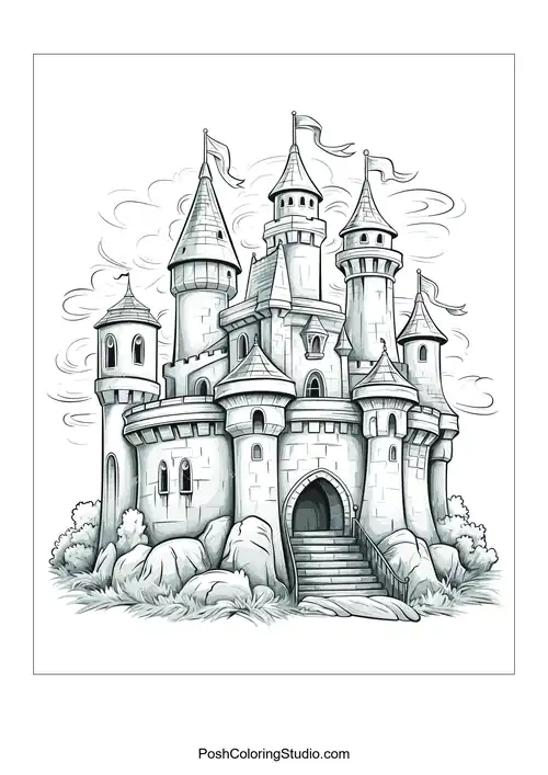 A castle with multiple spires and a grand entrance.