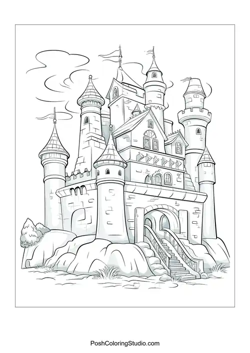 A castle with a large entrance and decorative elements.