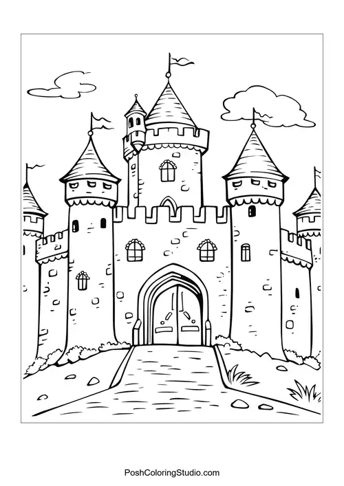 A fortified castle with a drawbridge and tall battlements.