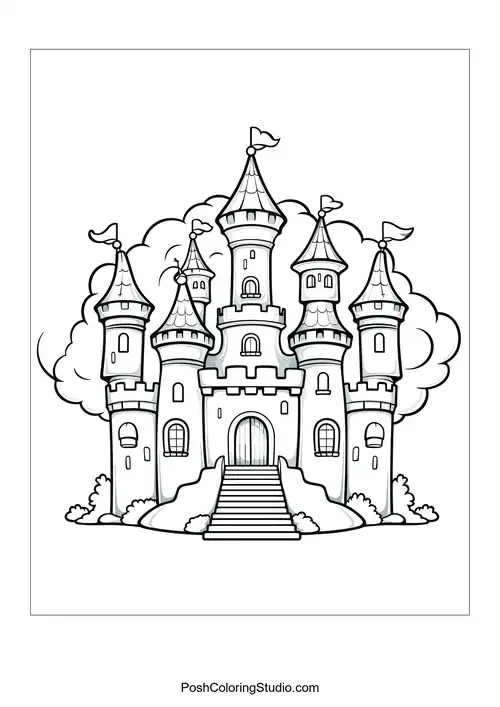 A castle with a winding staircase and surrounding trees.