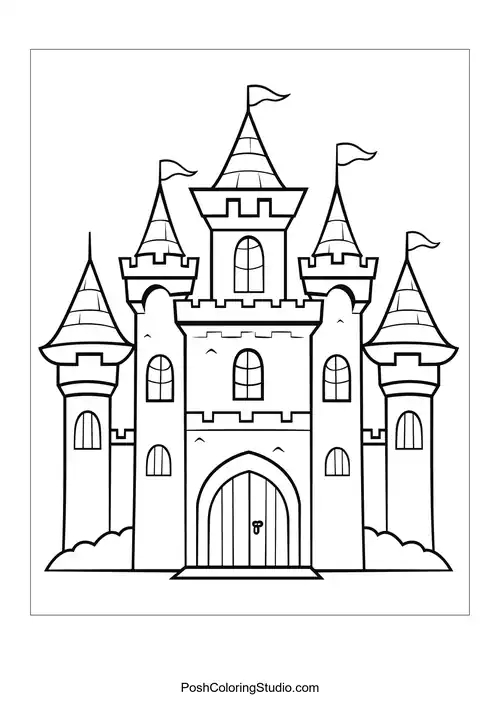 A castle with multiple towers and a grand entrance.