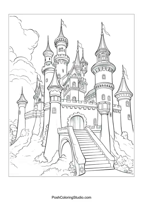 A castle with a winding staircase and lush greenery.