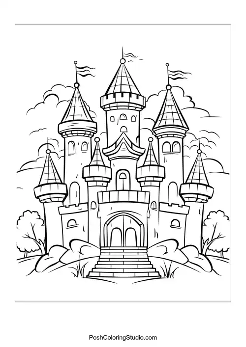 A castle with multiple spires and a grand entrance.
