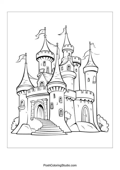 A castle with a large entrance and decorative elements.