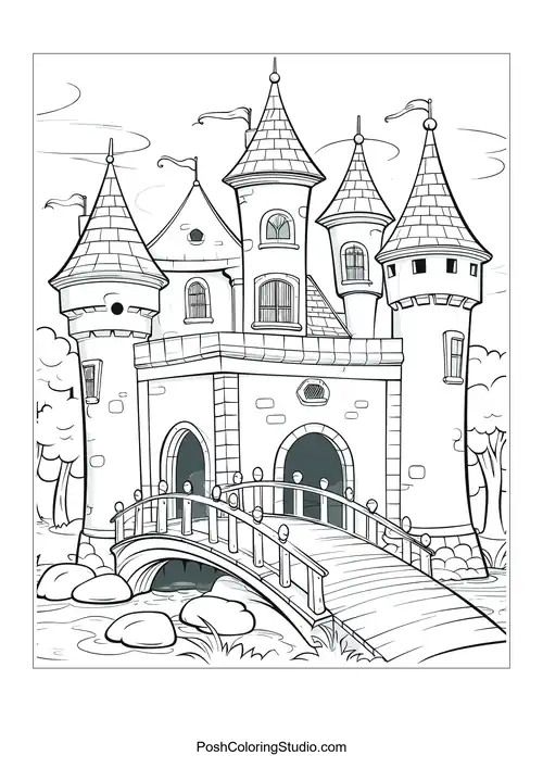 A castle with a winding staircase and surrounding trees.