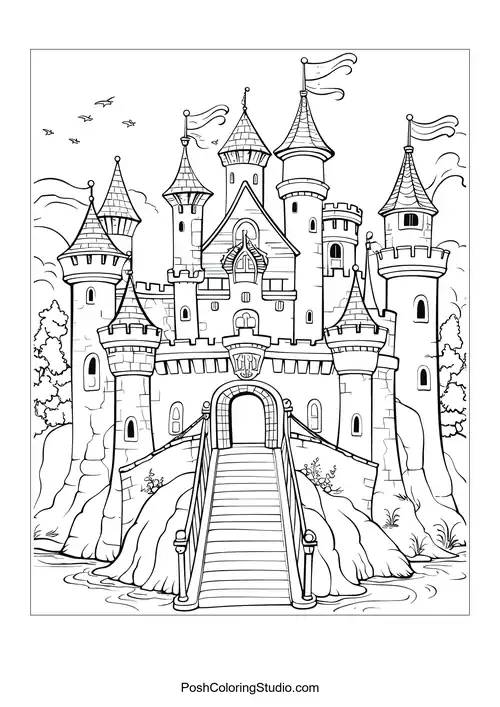 A castle with multiple towers and a grand entrance.