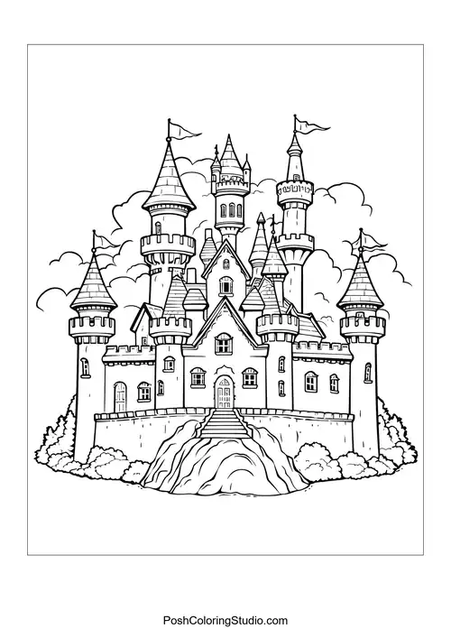 A castle with a winding staircase and lush greenery.