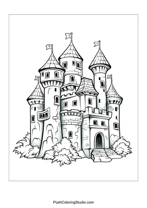 A fairy-tale castle with rounded towers and lush foliage.