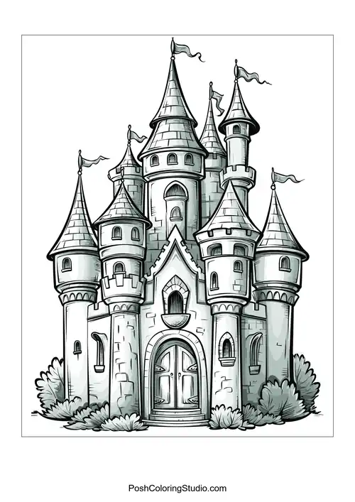 A castle with multiple spires and a grand entrance.