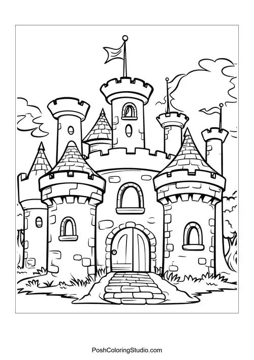 A castle with a large entrance and decorative elements.