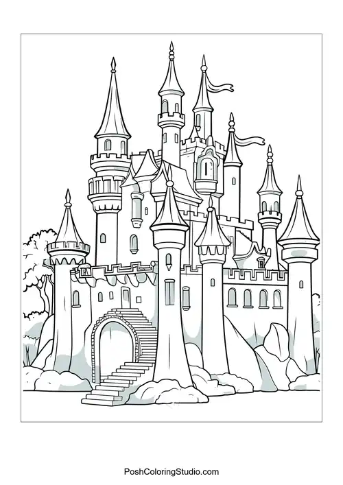 A castle with a winding staircase and surrounding trees.