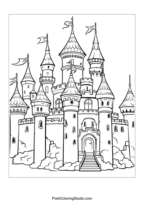 A castle with multiple towers and a grand entrance.