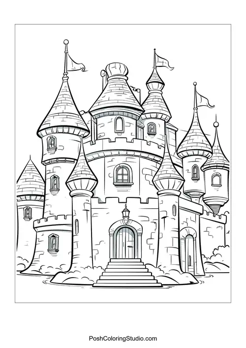 A castle with a large entrance and surrounding rocks.