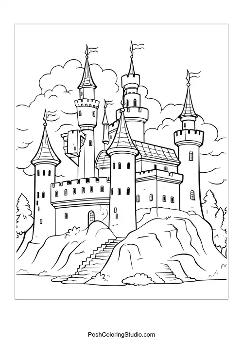 A castle with a winding staircase and lush greenery.