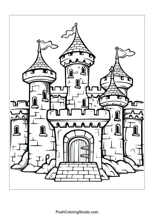 A castle with multiple spires and a grand entrance.