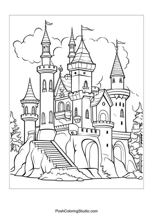 A castle with a large entrance and decorative elements.