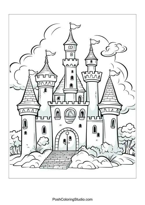 A castle with multiple towers and a grand entrance.