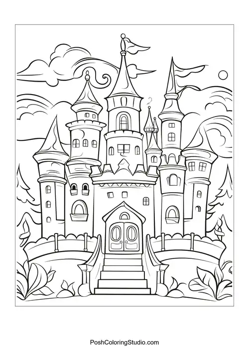 A whimsical castle with various turrets and a winding path.