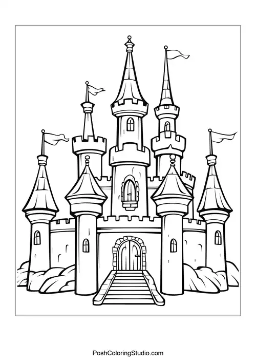 A castle with a large entrance and surrounding rocks.