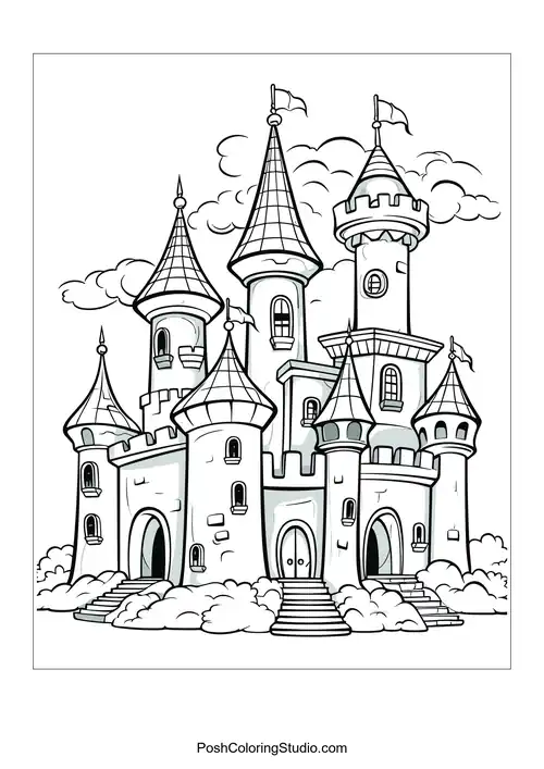 A castle with a winding staircase and lush greenery.