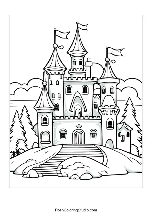 A castle with multiple spires and a grand entrance.