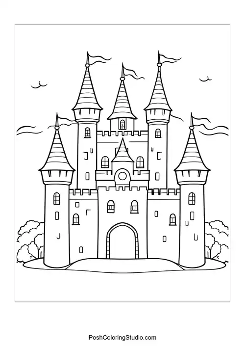 A castle with a large entrance and decorative elements.