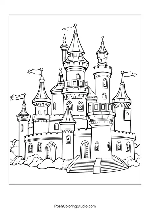 A castle with a winding staircase and surrounding trees.