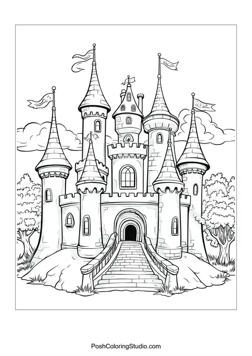 A castle with multiple towers and a grand entrance.