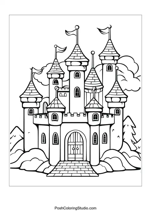 A castle with a large entrance and surrounding rocks.