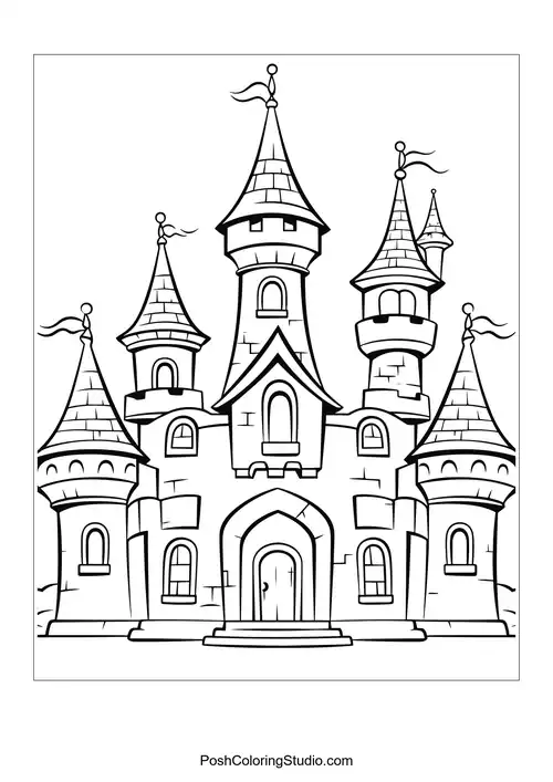 A castle with a winding staircase and lush greenery.
