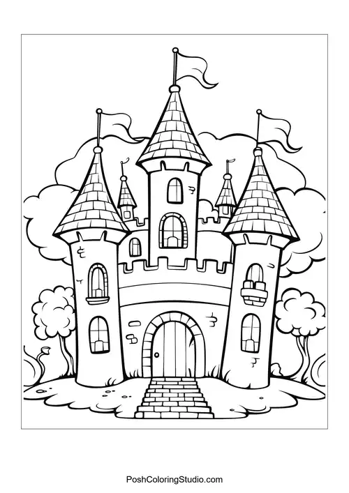A castle with multiple spires and a grand entrance.