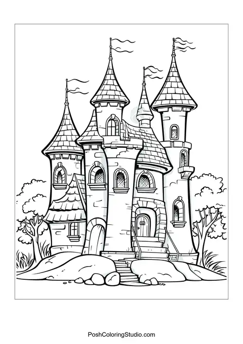 A castle with a large entrance and decorative elements.