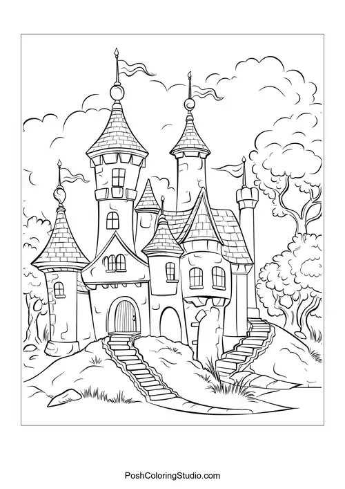 A castle with pointed roofs and a large arched doorway.
