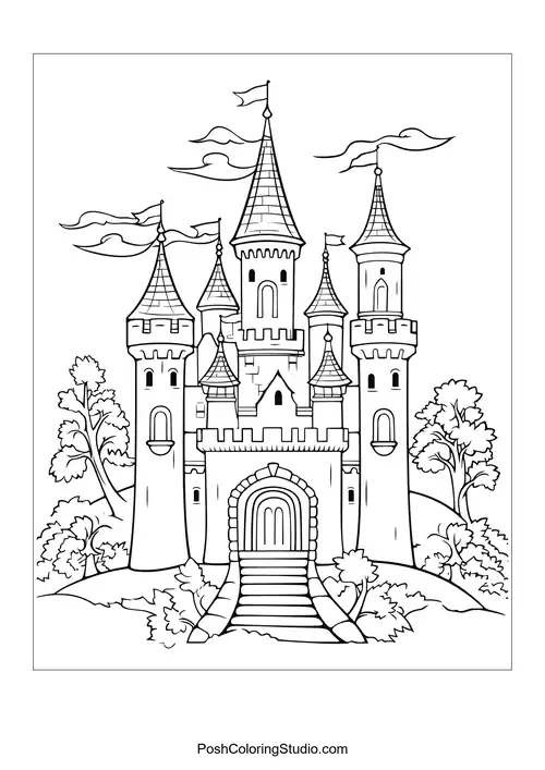 A detailed castle with multiple towers and flags.