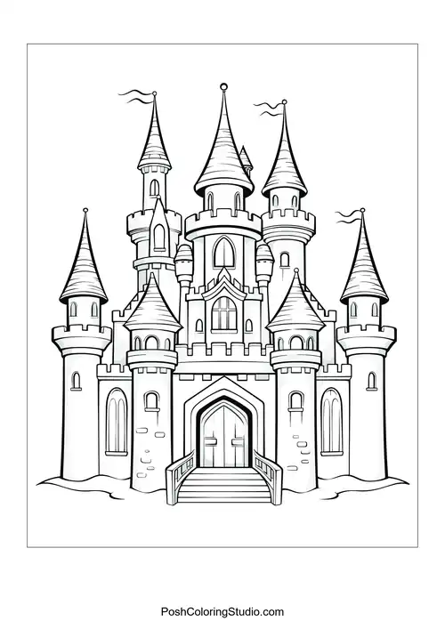 A tall castle with multiple spires and a grand entrance.