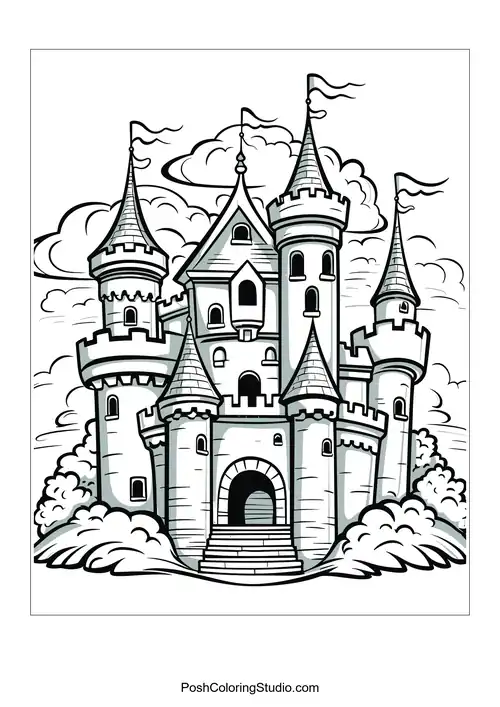 A castle surrounded by clouds and featuring multiple towers.