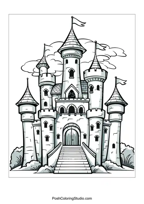 A castle with a large entrance and decorative windows.