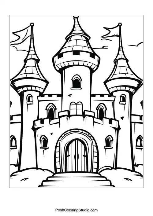 A castle with rounded towers and a large wooden door.