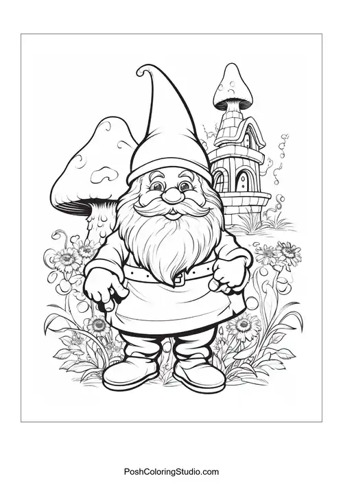 A gnome with glasses and a beard, holding a flower.