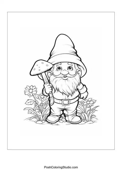 A gnome holding a staff and standing proudly in a garden.