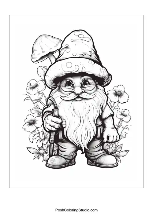 A gnome with a mushroom and a playful expression.
