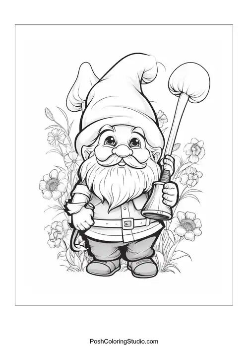 A gnome with a shovel and a friendly smile in a garden.